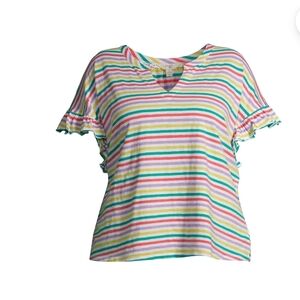 Terra & Sky NEW Plus Size Notch Neck Multi Color Striped Ruffle Sleeve Top 2053